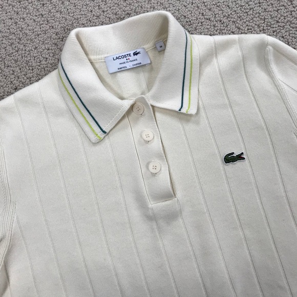 Lacoste Tops - Lacoste Made in France Ribbed Knit Polo Shirt Cream White Green Tipping Size 38